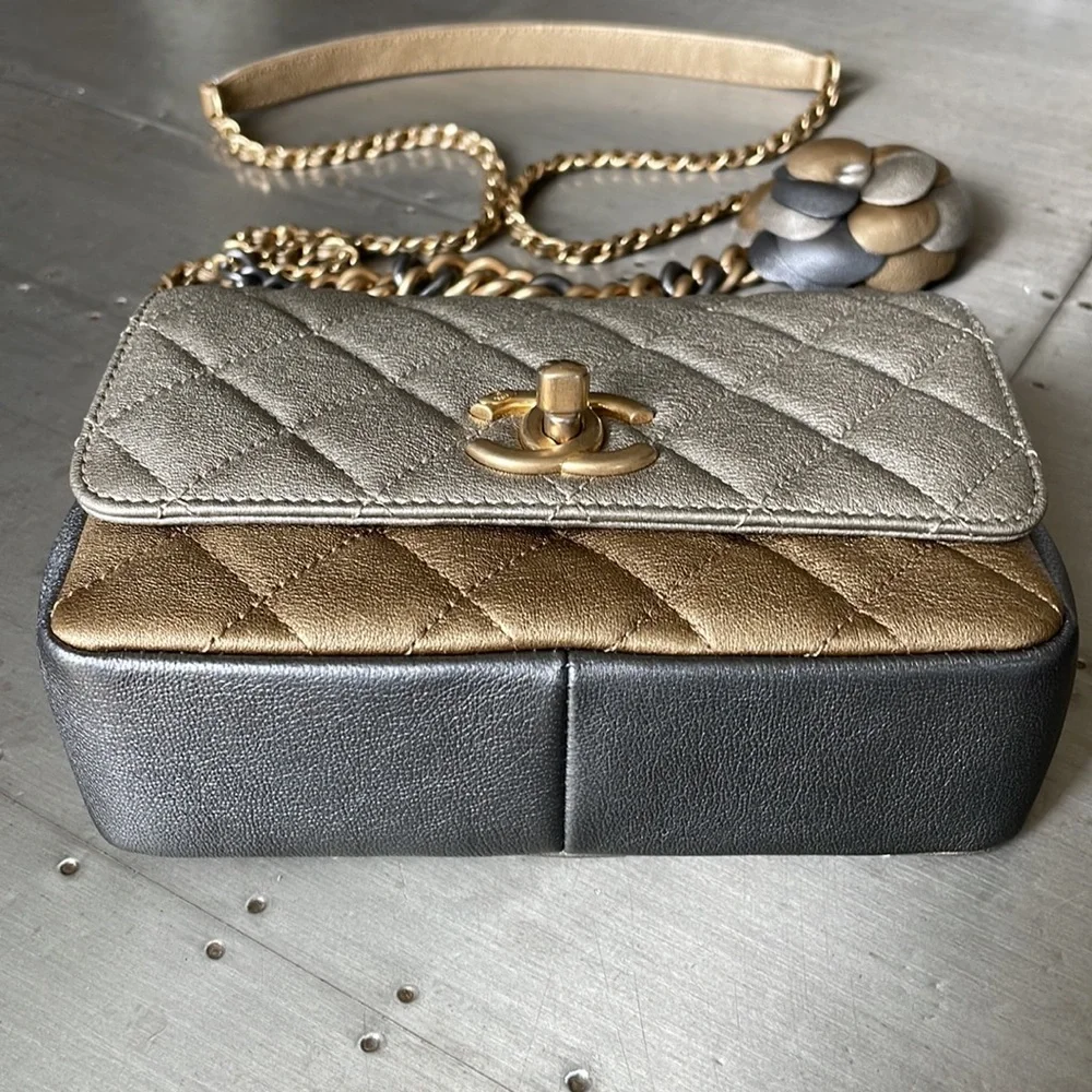 Chanel mini square quilted camellia two toned flap bag 17a bronze silver gold